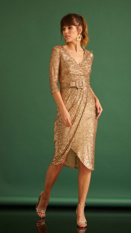 Gold sequined sleeveless midi dress