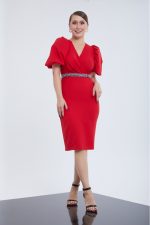 Red crepe 34 sleeve midi dress