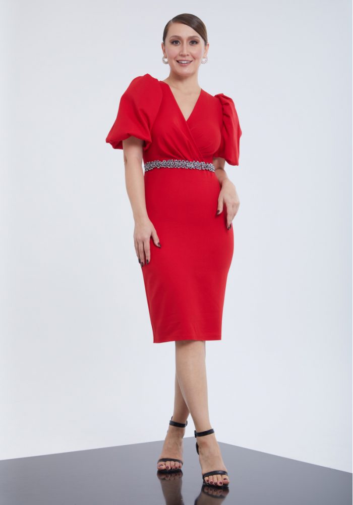 Red crepe 34 sleeve midi dress