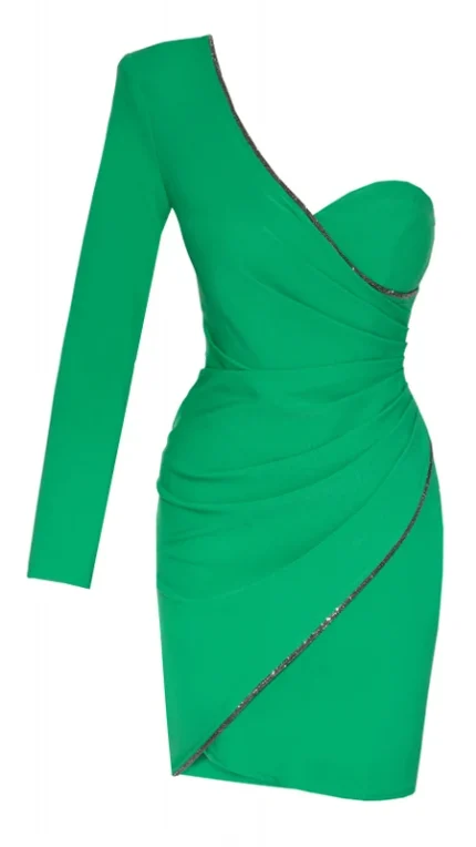 Zelena mini haljina s jednim rukavom od krepa 1