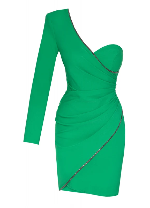 Zelena mini haljina s jednim rukavom od krepa 1